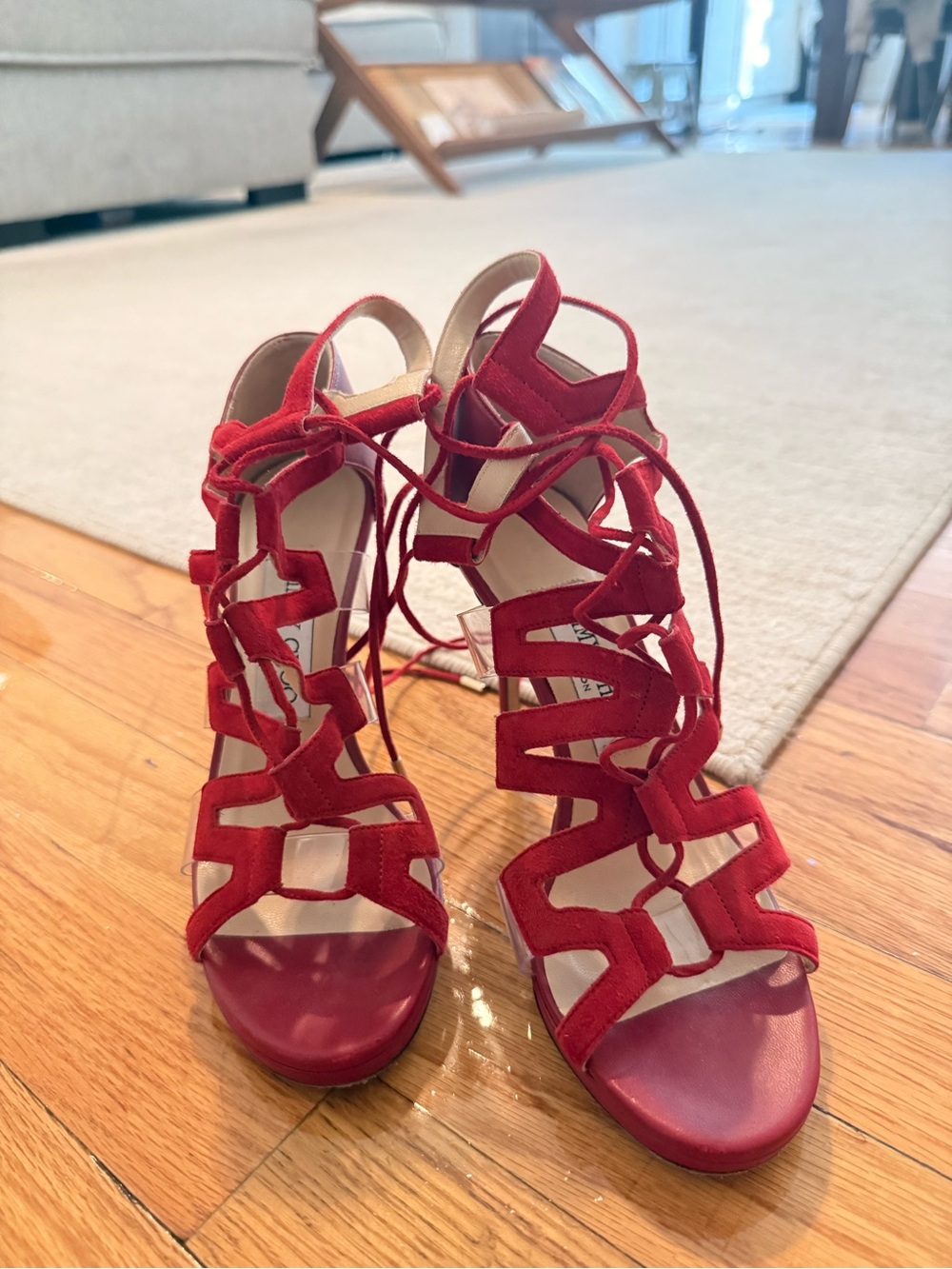 Jimmy Choo Red Suede Lace-Up Gladiator Heels